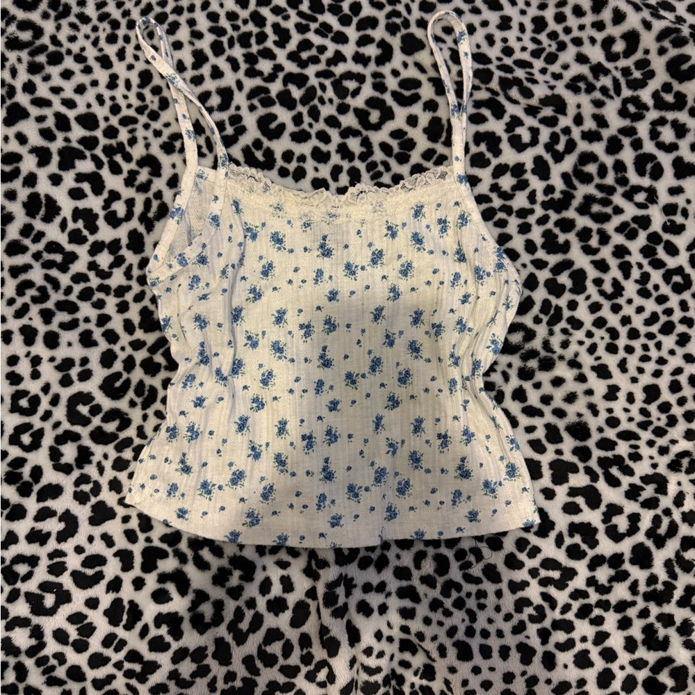 Blue Floral Cami with Lace Trim